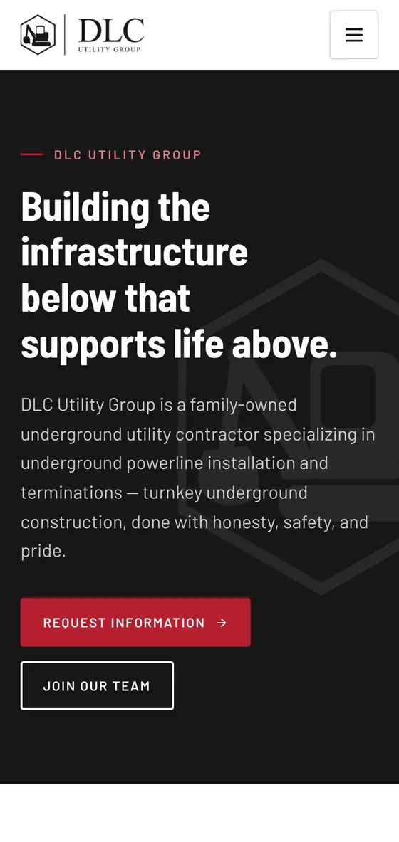 The same page on a phone: the logo and a menu button at the top, the headline reflowed across four lines, the full description readable without pinching, and the two buttons stacked at full width.